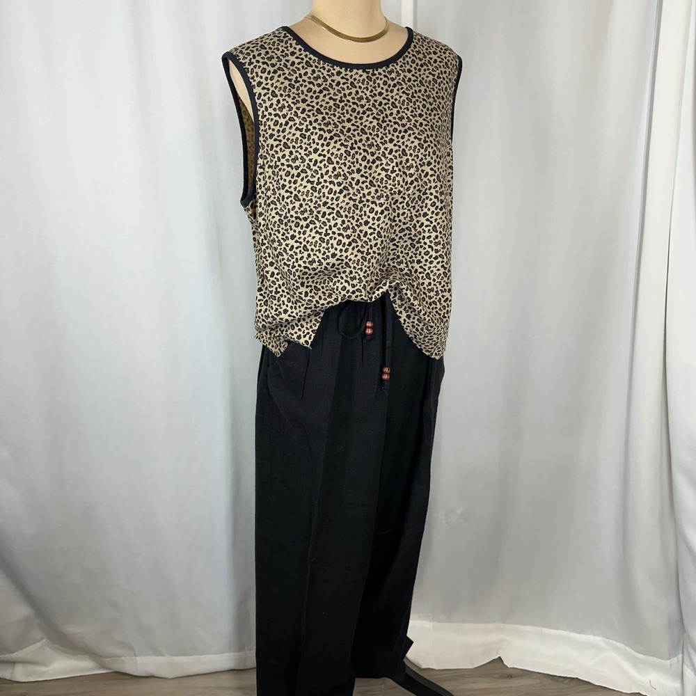 Sharon Young Leopard Linen Blend Top Black Pants Set Size 16